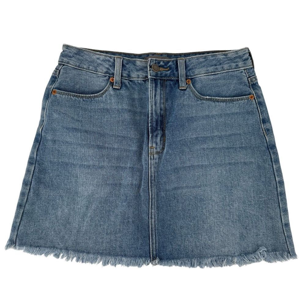 Denim Mini Skirt Size M Medium Wash Blue Jean Frayed Hem Just USA Brand Classic
